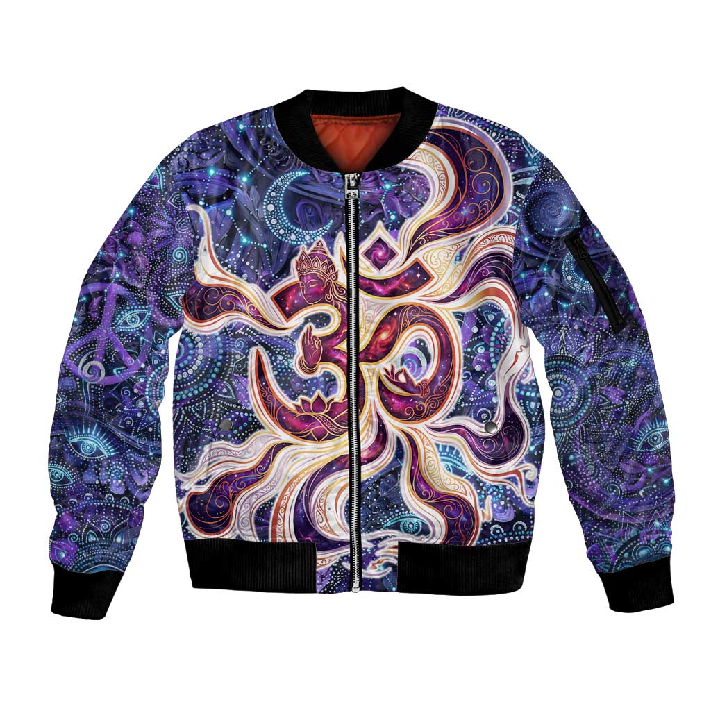 Universal Connection Zodiac Sleeve Zip Bomber Jacket Cosmic Eye and Sacred Om Vibration