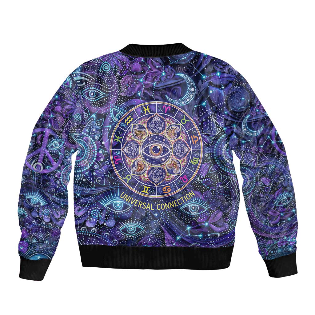 Universal Connection Zodiac Sleeve Zip Bomber Jacket Cosmic Eye and Sacred Om Vibration