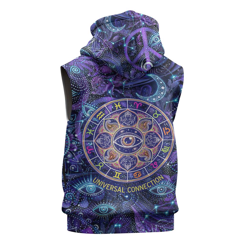 Universal Connection Zodiac Sleeveless Hoodie Cosmic Eye and Sacred Om Vibration