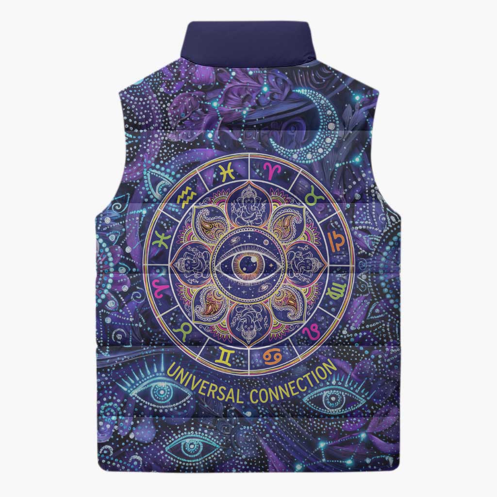 Universal Connection Zodiac Sleeveless Puffer Jacket Cosmic Eye and Sacred Om Vibration