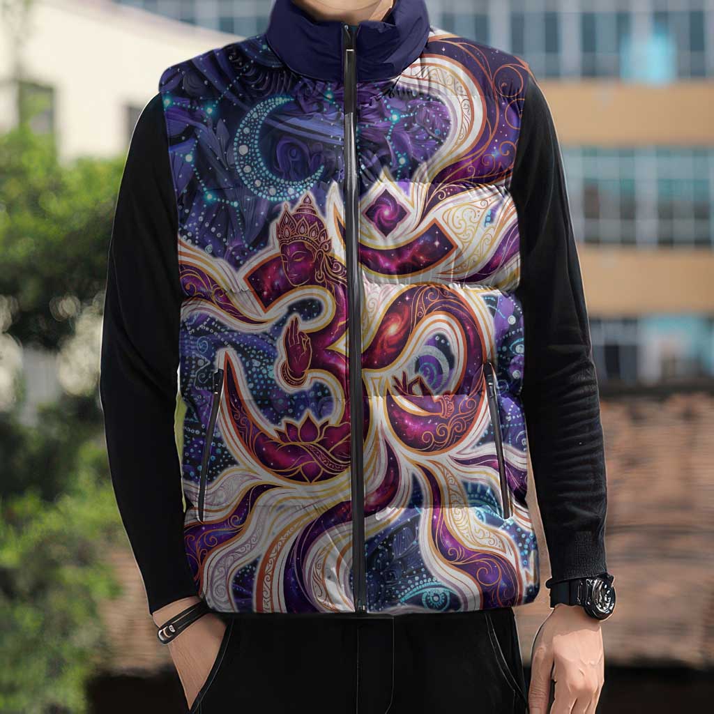 Universal Connection Zodiac Sleeveless Puffer Jacket Cosmic Eye and Sacred Om Vibration