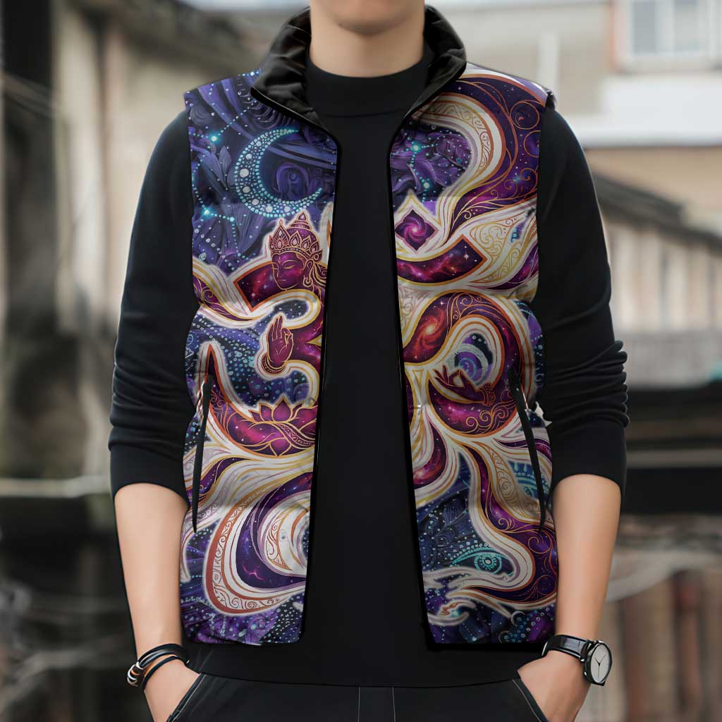 Universal Connection Zodiac Sleeveless Puffer Jacket Cosmic Eye and Sacred Om Vibration