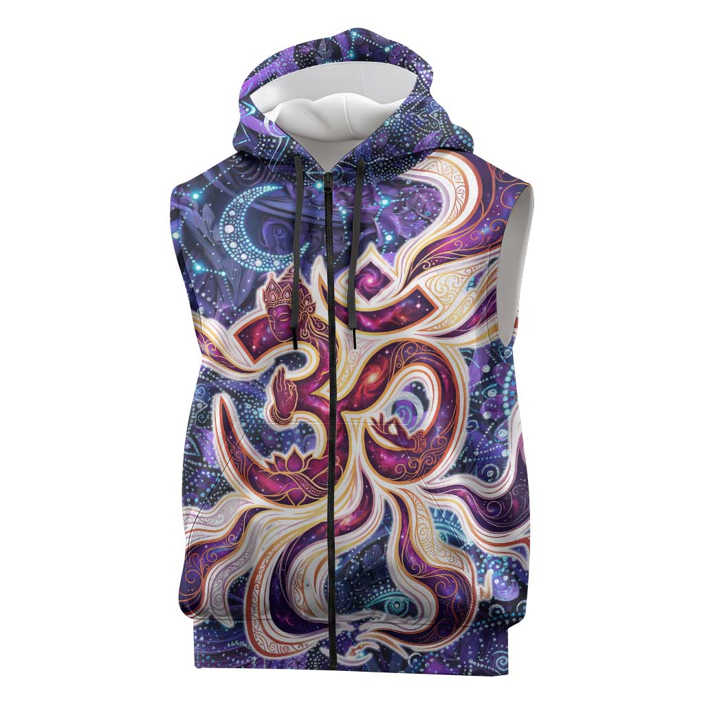 Universal Connection Zodiac Sleeveless Zip Hoodie Cosmic Eye and Sacred Om Vibration