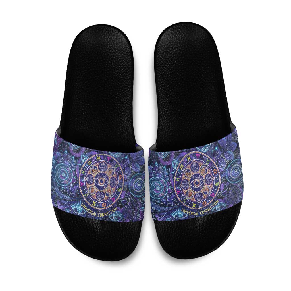 Universal Connection Zodiac Slide Sandals Cosmic Eye and Sacred Om Vibration