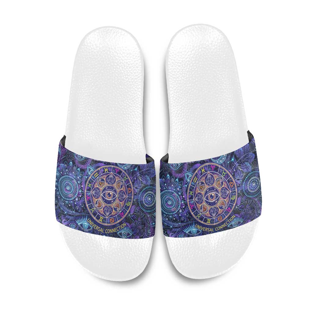 Universal Connection Zodiac Slide Sandals Cosmic Eye and Sacred Om Vibration