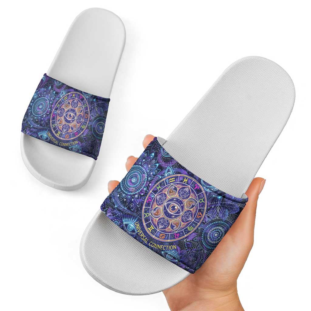 Universal Connection Zodiac Slide Sandals Cosmic Eye and Sacred Om Vibration