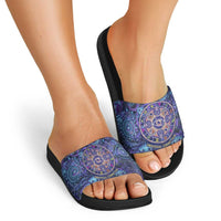 Universal Connection Zodiac Slide Sandals Cosmic Eye and Sacred Om Vibration