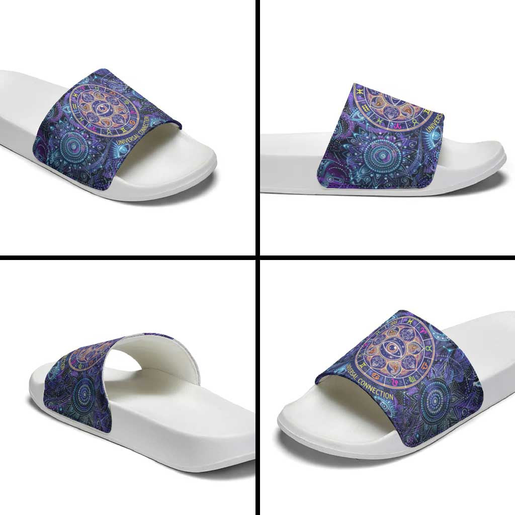 Universal Connection Zodiac Slide Sandals Cosmic Eye and Sacred Om Vibration