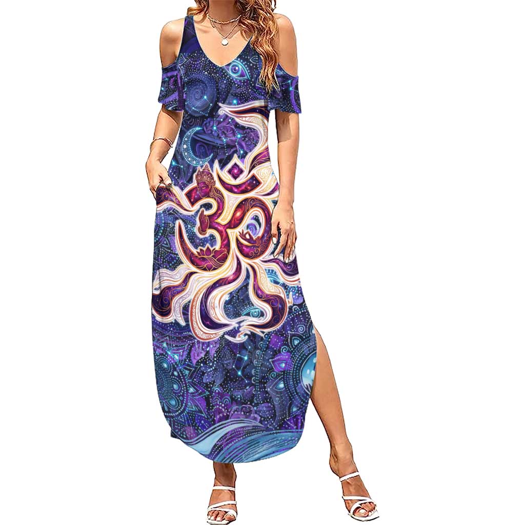 Universal Connection Zodiac Summer Maxi Dress Cosmic Eye and Sacred Om Vibration