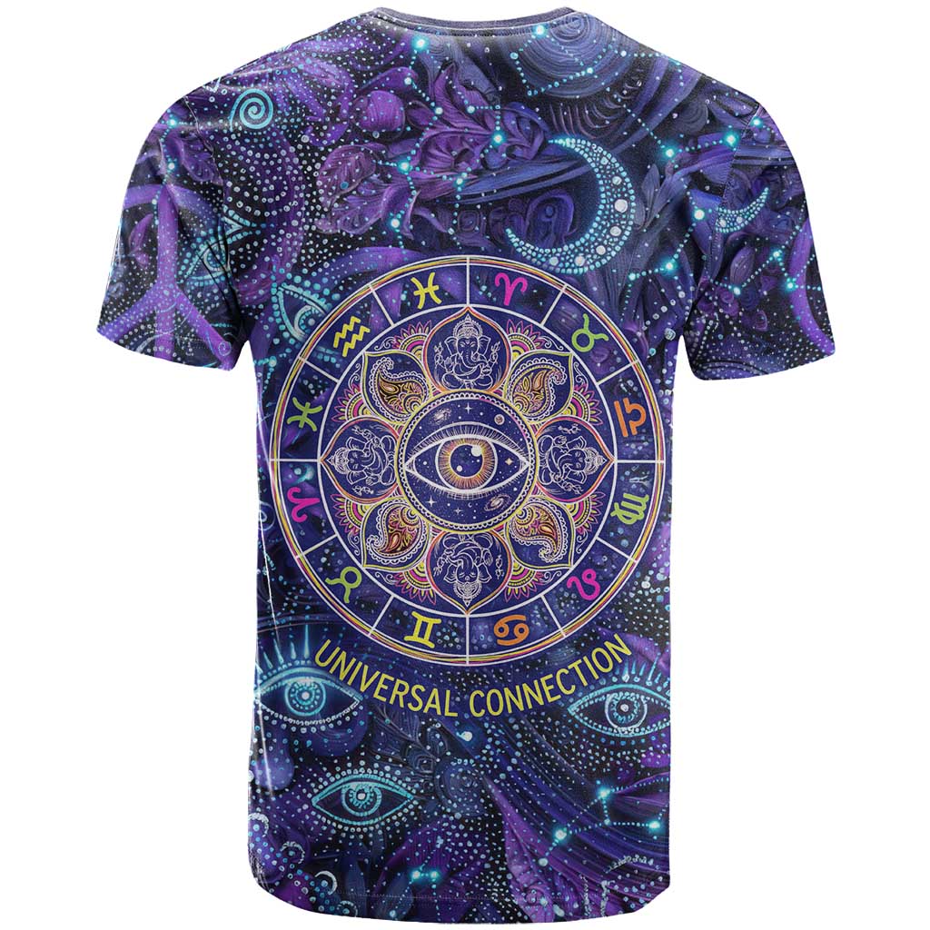 Universal Connection Zodiac T Shirt Cosmic Eye and Sacred Om Vibration