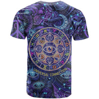 Universal Connection Zodiac T Shirt Cosmic Eye and Sacred Om Vibration