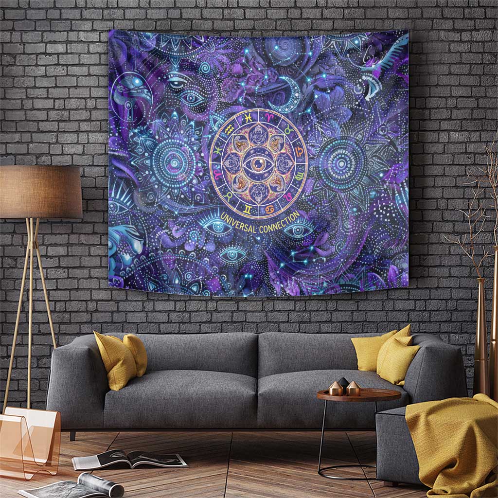Universal Connection Zodiac Tapestry Cosmic Eye and Sacred Om Vibration