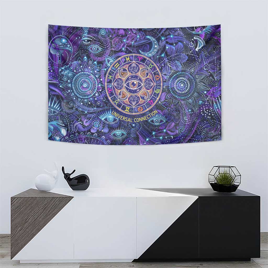 Universal Connection Zodiac Tapestry Cosmic Eye and Sacred Om Vibration