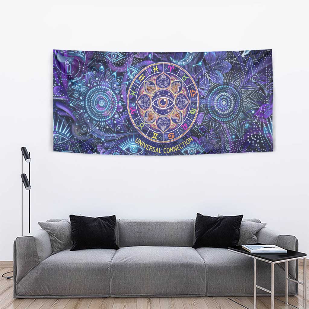 Universal Connection Zodiac Tapestry Cosmic Eye and Sacred Om Vibration
