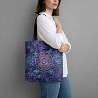 Universal Connection Zodiac Tote Bag Cosmic Eye and Sacred Om Vibration