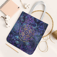 Universal Connection Zodiac Tote Bag Cosmic Eye and Sacred Om Vibration