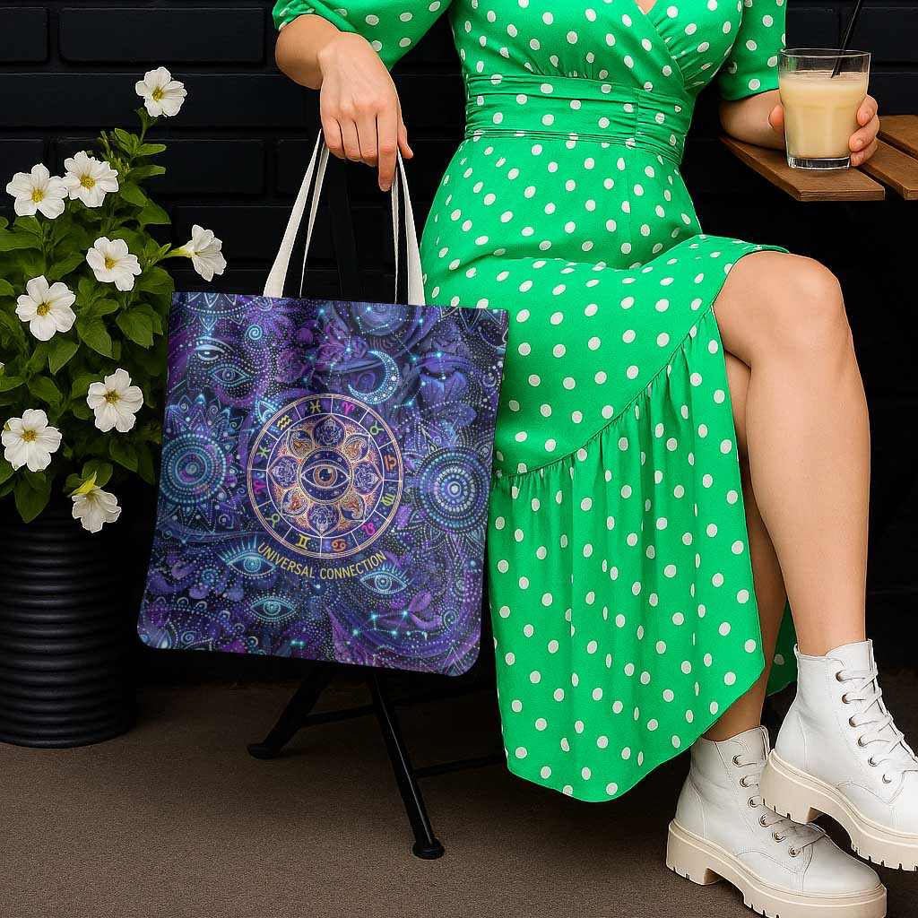 Universal Connection Zodiac Tote Bag Cosmic Eye and Sacred Om Vibration