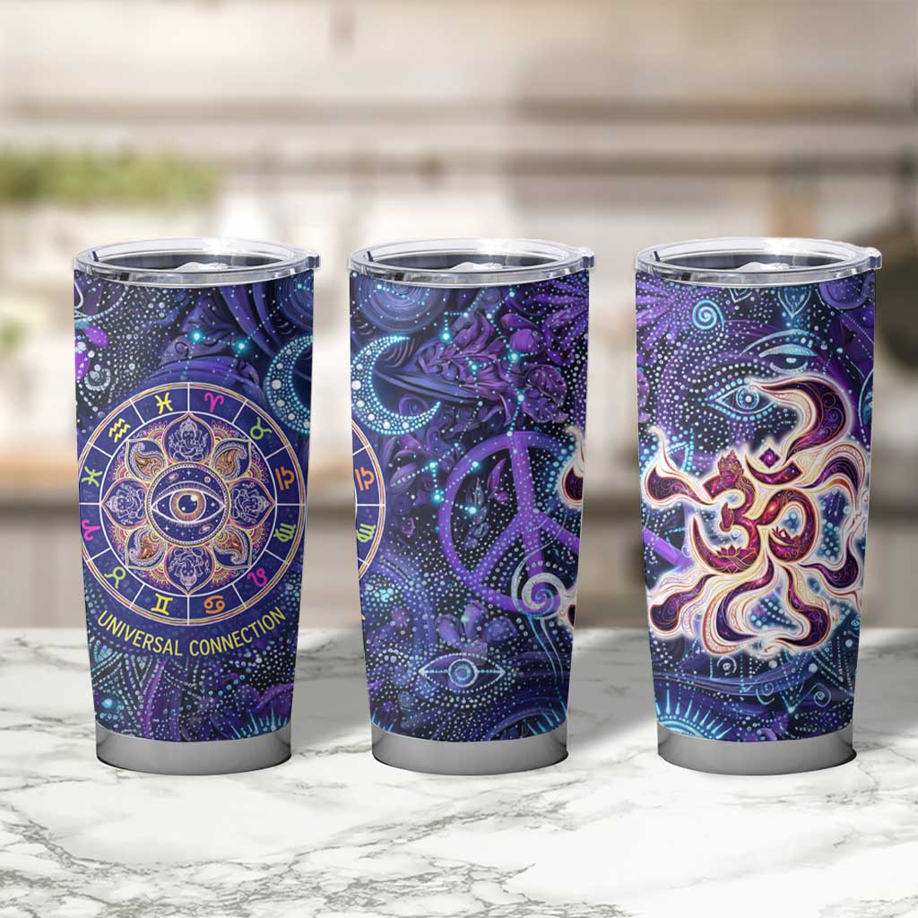 Universal Connection Zodiac Tumbler Cup Cosmic Eye and Sacred Om Vibration