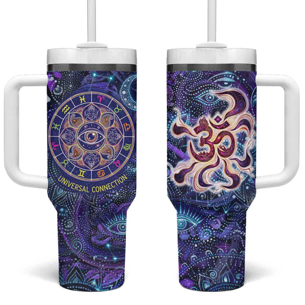 Universal Connection Zodiac Tumbler With Handle Cosmic Eye and Sacred Om Vibration