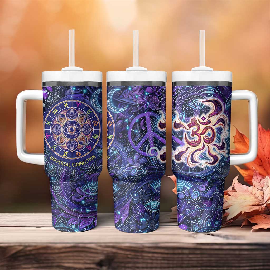 Universal Connection Zodiac Tumbler With Handle Cosmic Eye and Sacred Om Vibration