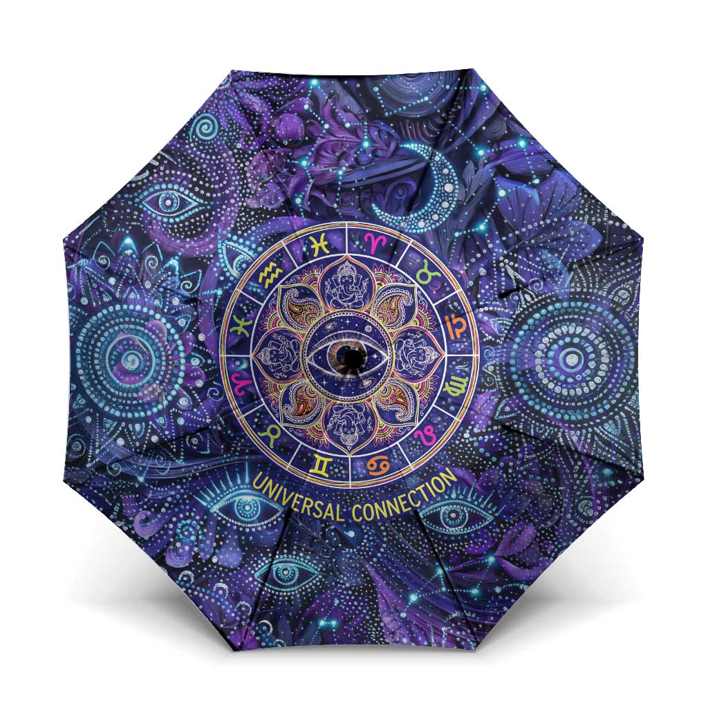 Universal Connection Zodiac Umbrella Cosmic Eye and Sacred Om Vibration