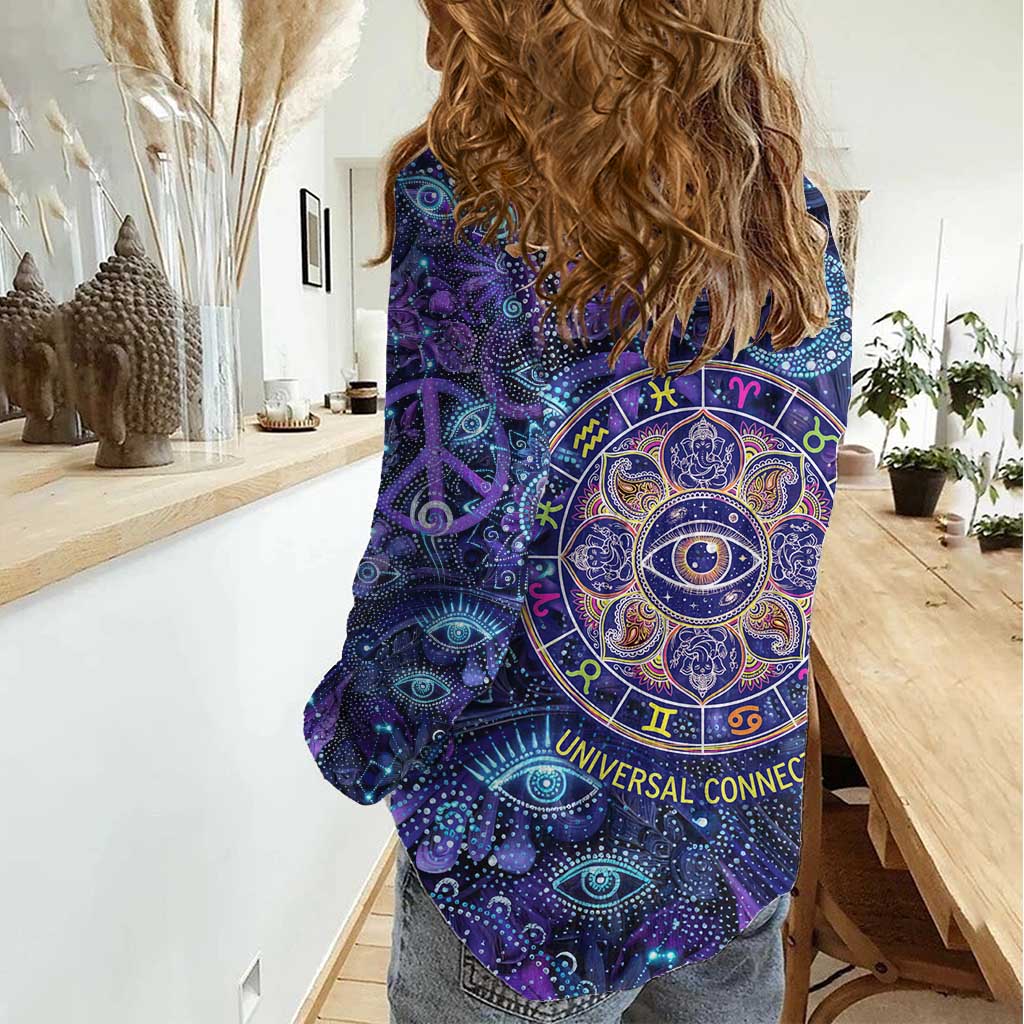 Universal Connection Zodiac Women Casual Shirt Cosmic Eye and Sacred Om Vibration