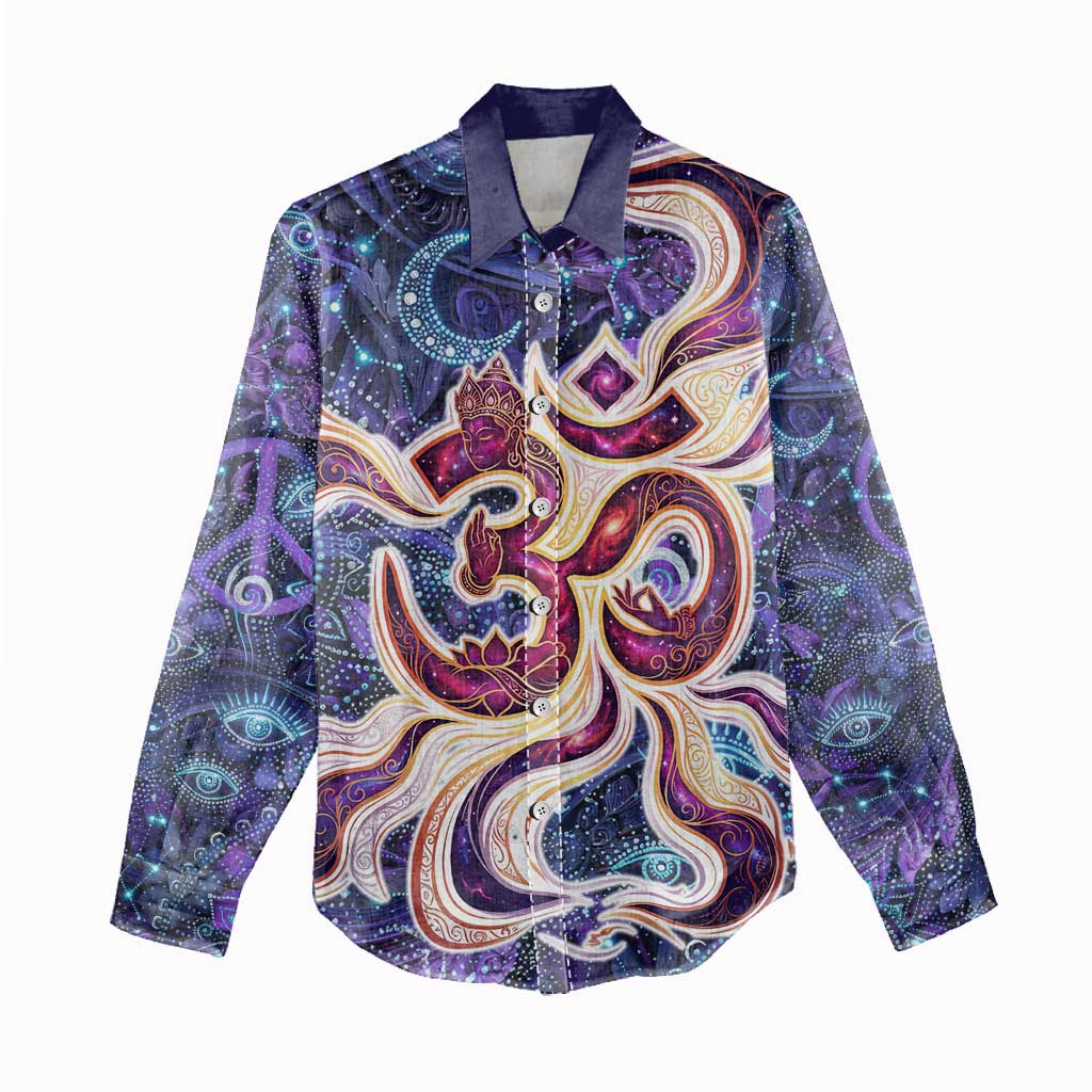 Universal Connection Zodiac Women Casual Shirt Cosmic Eye and Sacred Om Vibration