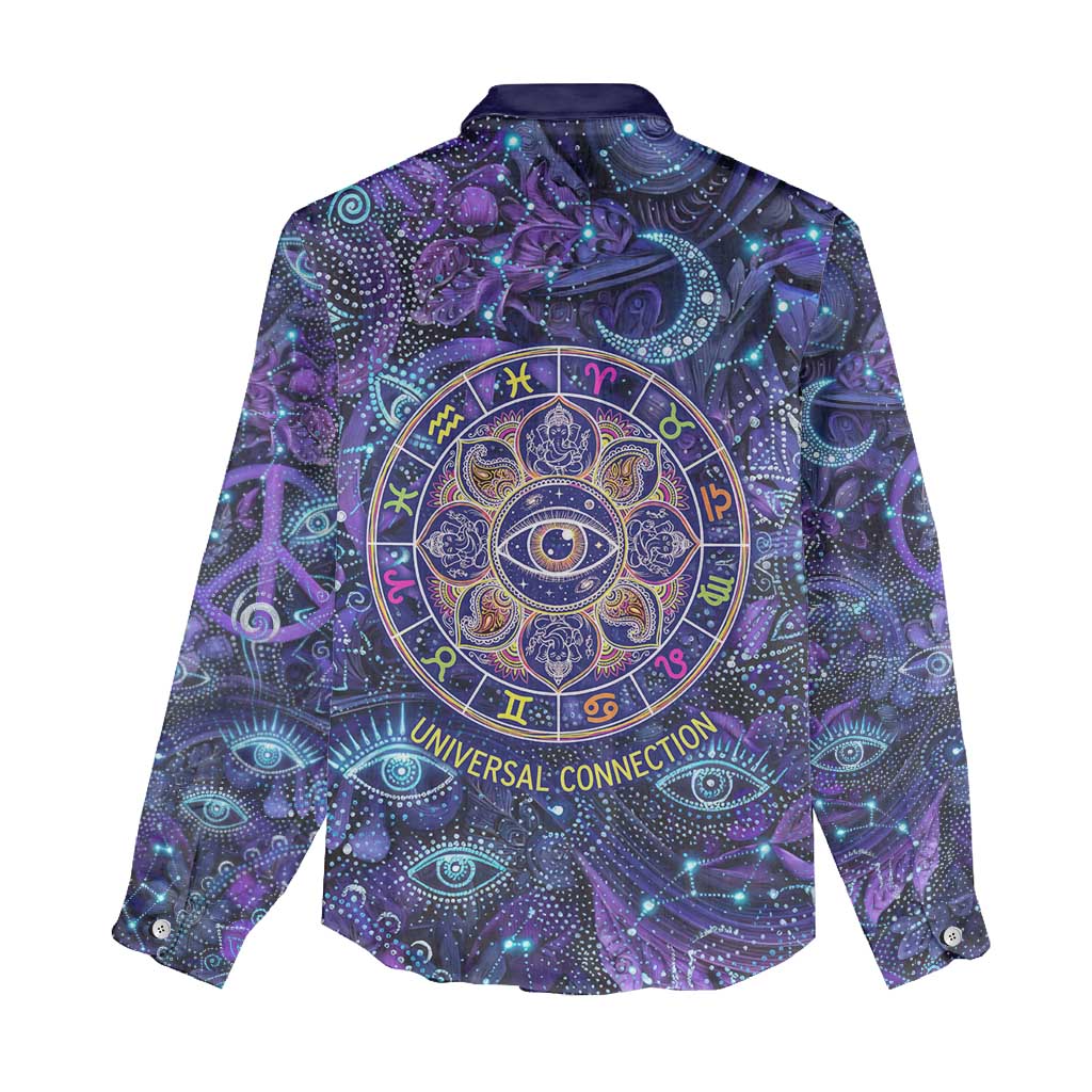 Universal Connection Zodiac Women Casual Shirt Cosmic Eye and Sacred Om Vibration
