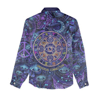 Universal Connection Zodiac Women Casual Shirt Cosmic Eye and Sacred Om Vibration