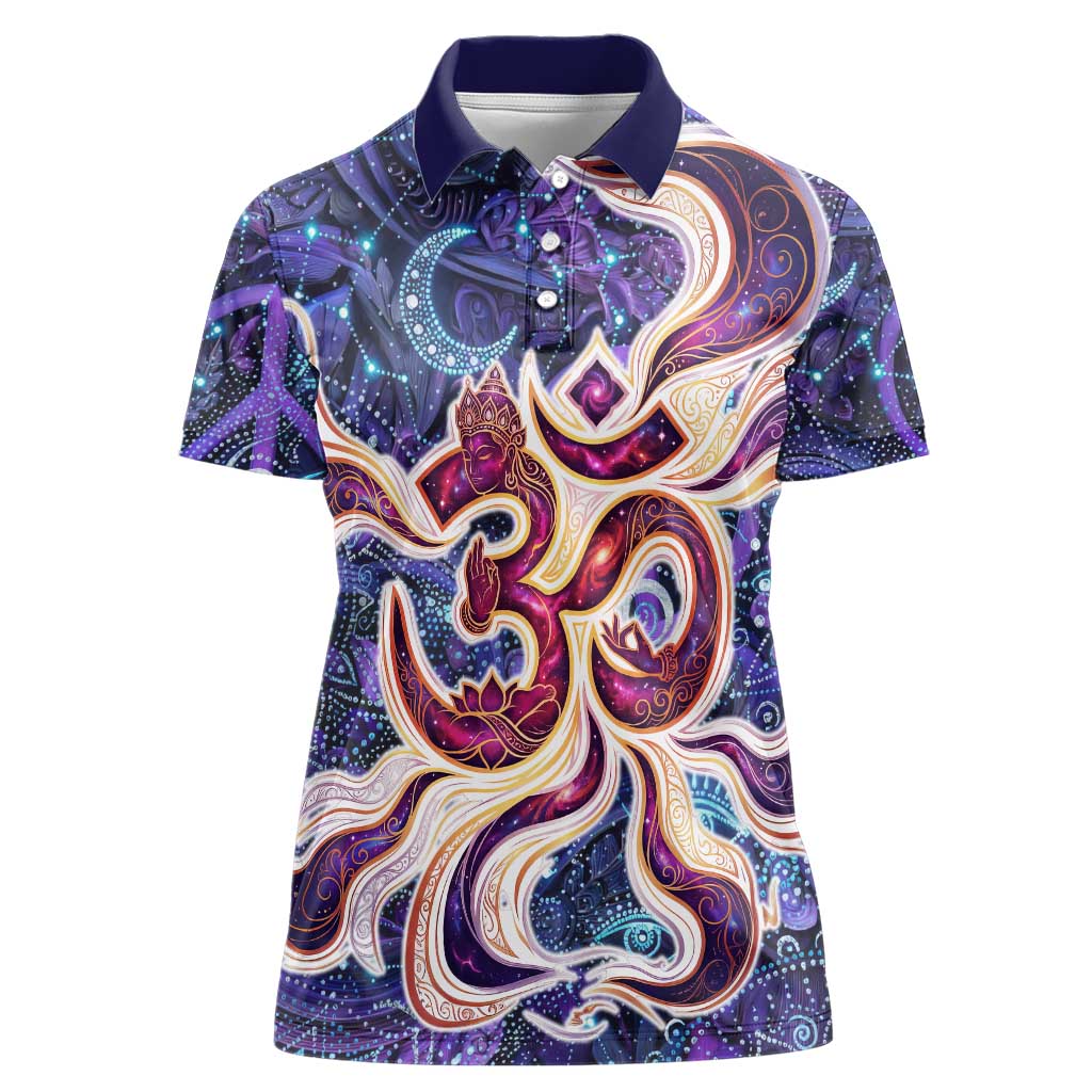 Universal Connection Zodiac Women Polo Shirt Cosmic Eye and Sacred Om Vibration