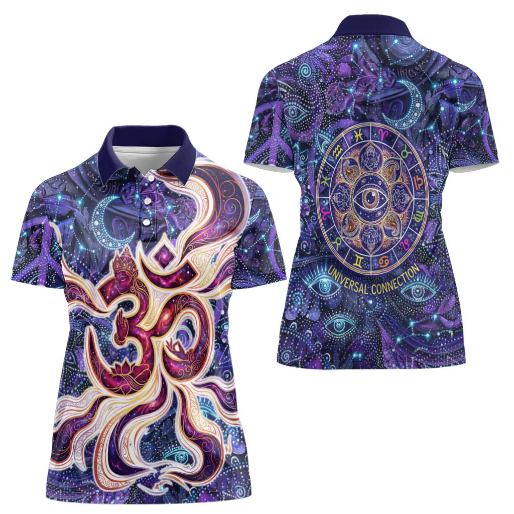 Universal Connection Zodiac Women Polo Shirt Cosmic Eye and Sacred Om Vibration
