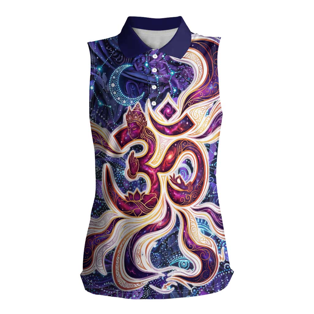 Universal Connection Zodiac Women Sleeveless Polo Shirt Cosmic Eye and Sacred Om Vibration
