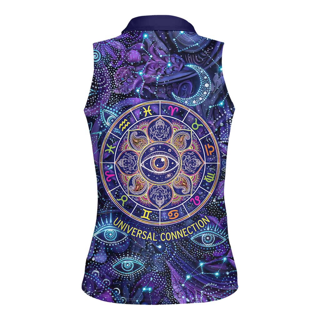Universal Connection Zodiac Women Sleeveless Polo Shirt Cosmic Eye and Sacred Om Vibration