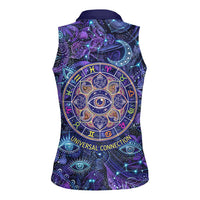 Universal Connection Zodiac Women Sleeveless Polo Shirt Cosmic Eye and Sacred Om Vibration