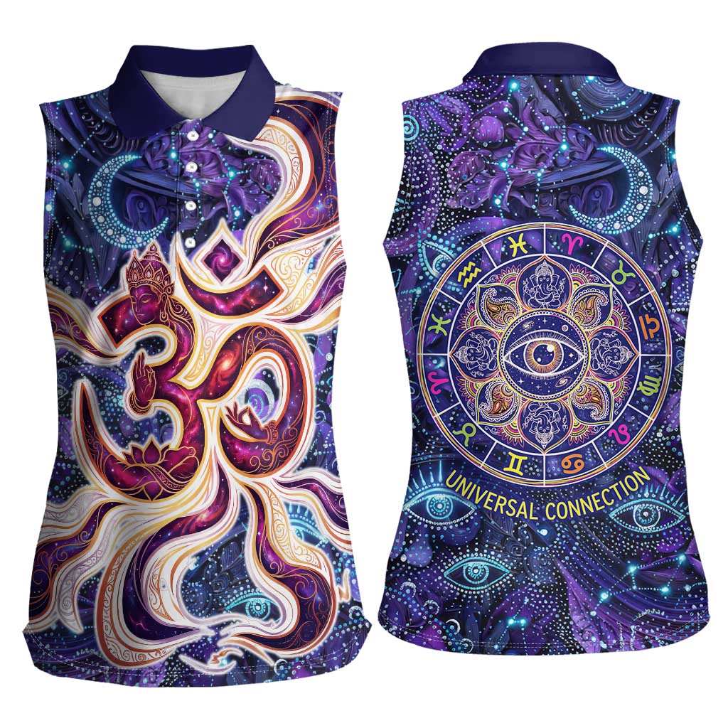 Universal Connection Zodiac Women Sleeveless Polo Shirt Cosmic Eye and Sacred Om Vibration