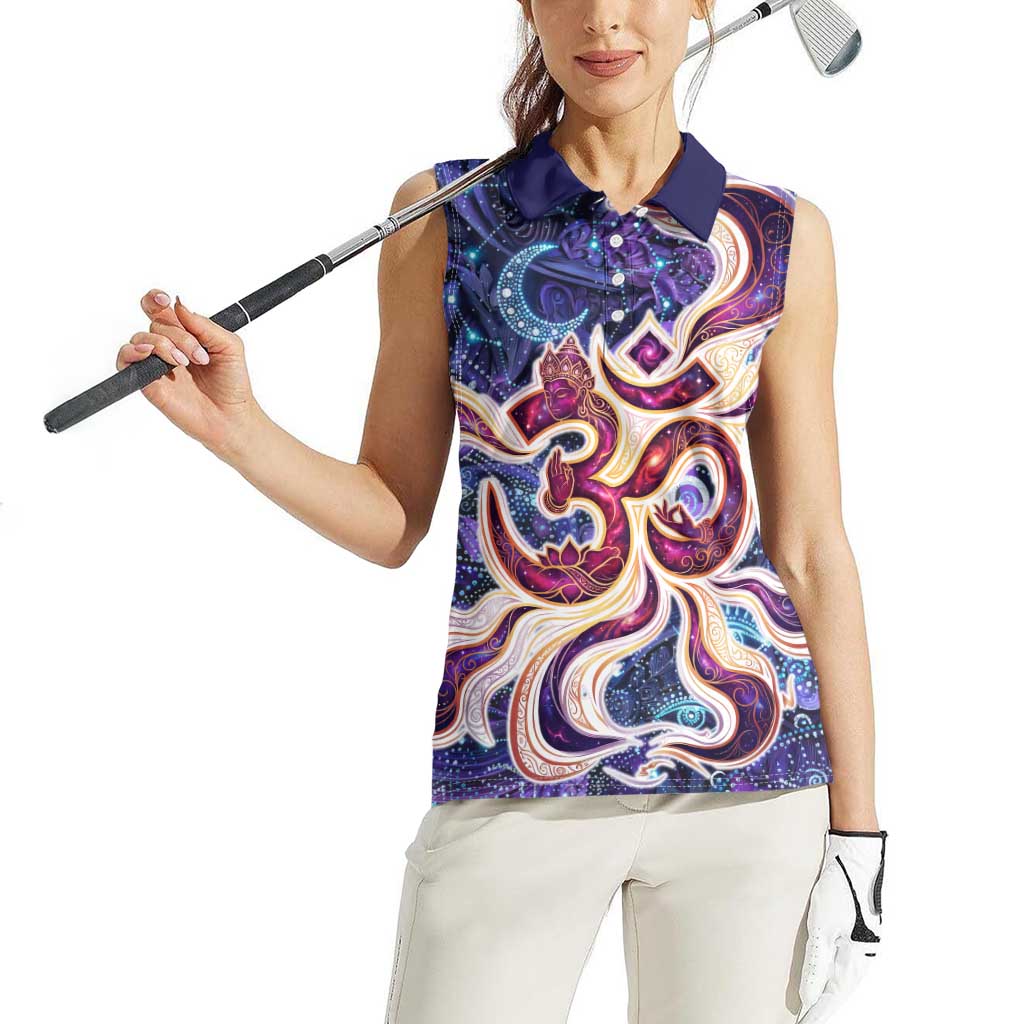 Universal Connection Zodiac Women Sleeveless Polo Shirt Cosmic Eye and Sacred Om Vibration