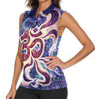 Universal Connection Zodiac Women Sleeveless Polo Shirt Cosmic Eye and Sacred Om Vibration