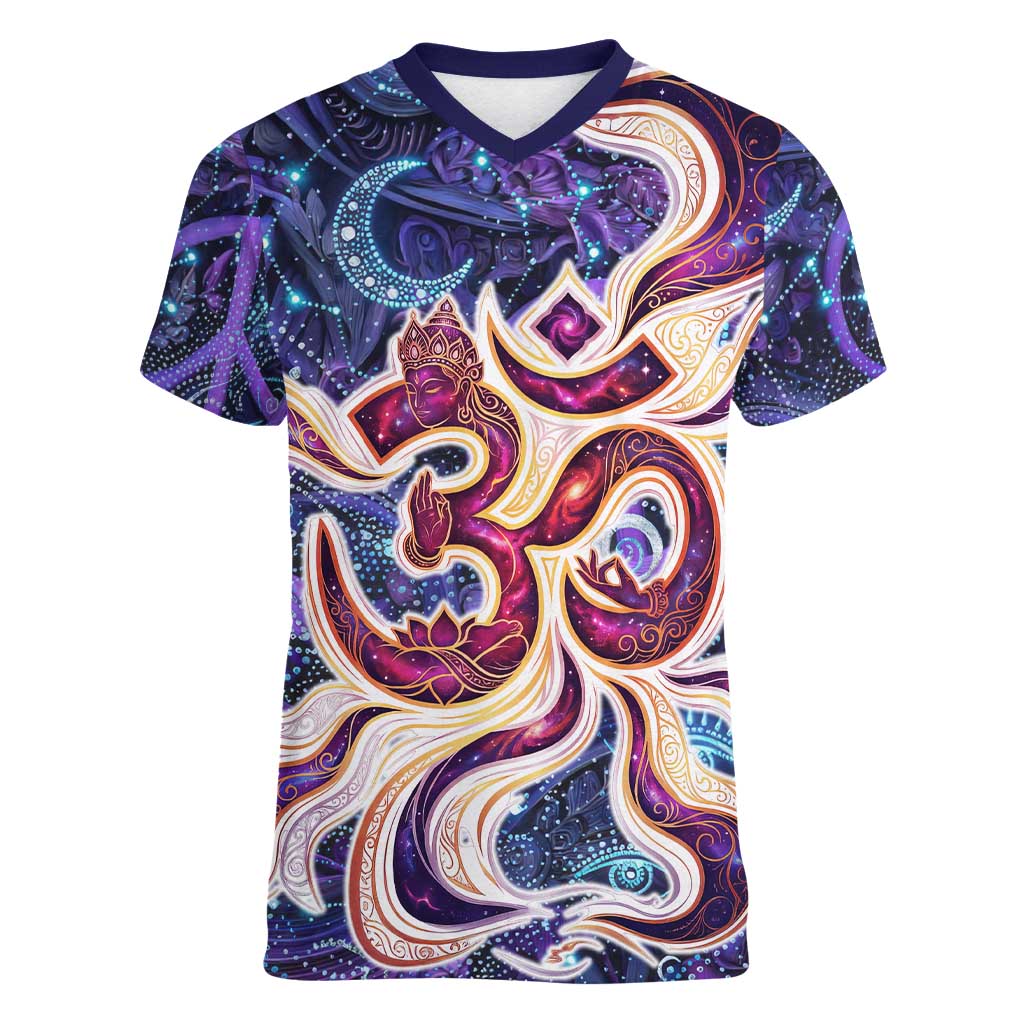 Universal Connection Zodiac Women V-Neck T-Shirt Cosmic Eye and Sacred Om Vibration