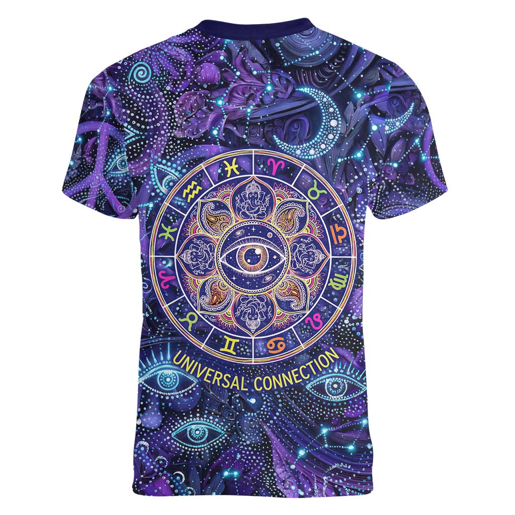 Universal Connection Zodiac Women V-Neck T-Shirt Cosmic Eye and Sacred Om Vibration