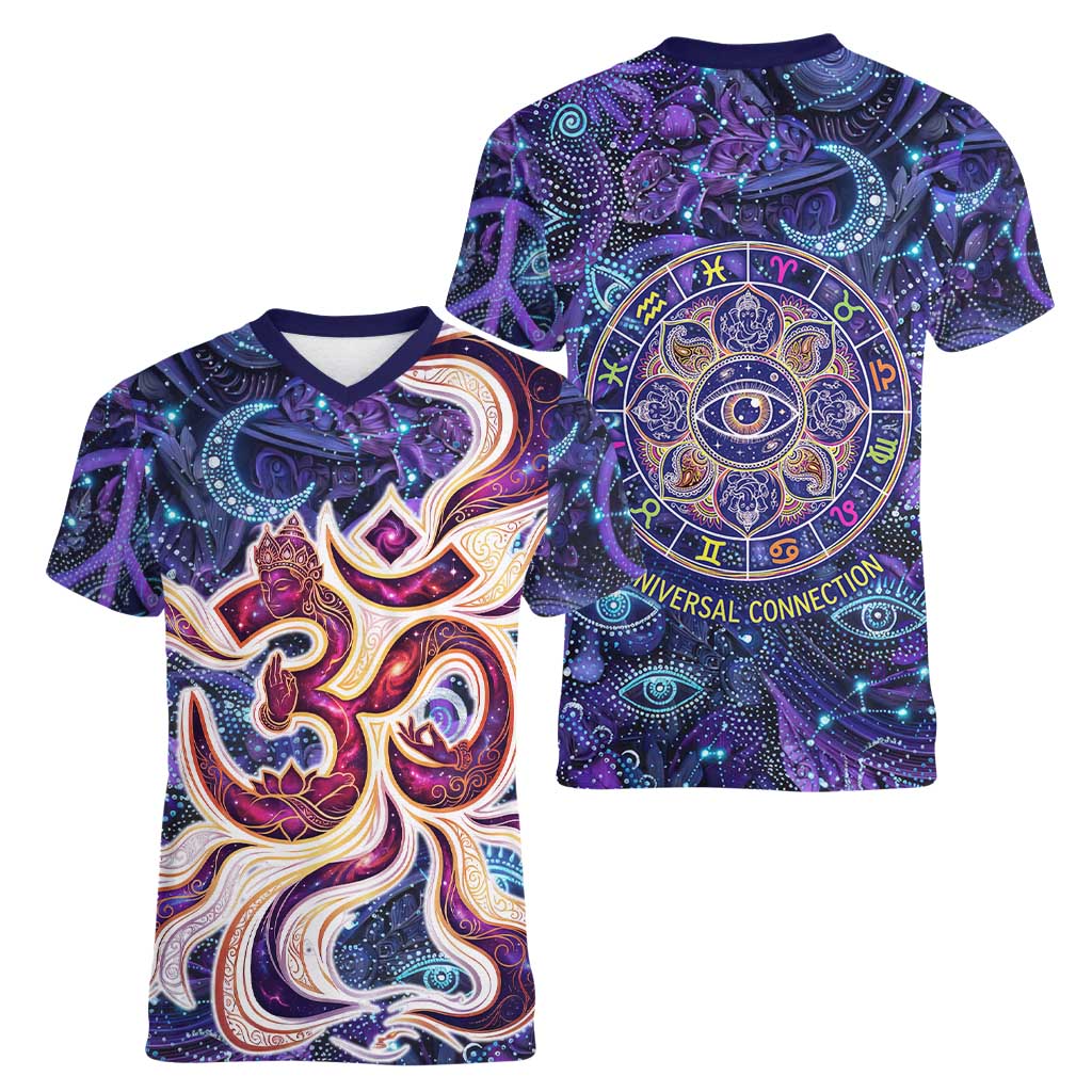 Universal Connection Zodiac Women V-Neck T-Shirt Cosmic Eye and Sacred Om Vibration