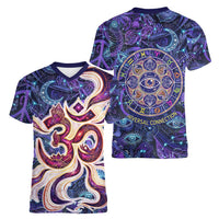 Universal Connection Zodiac Women V-Neck T-Shirt Cosmic Eye and Sacred Om Vibration