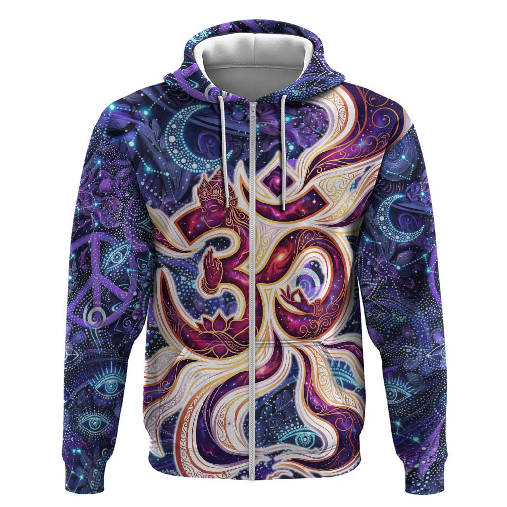 Universal Connection Zodiac Zip Hoodie Cosmic Eye and Sacred Om Vibration