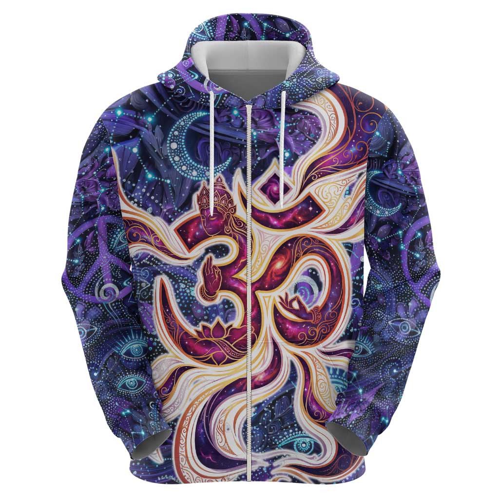 Universal Connection Zodiac Zip Hoodie Cosmic Eye and Sacred Om Vibration