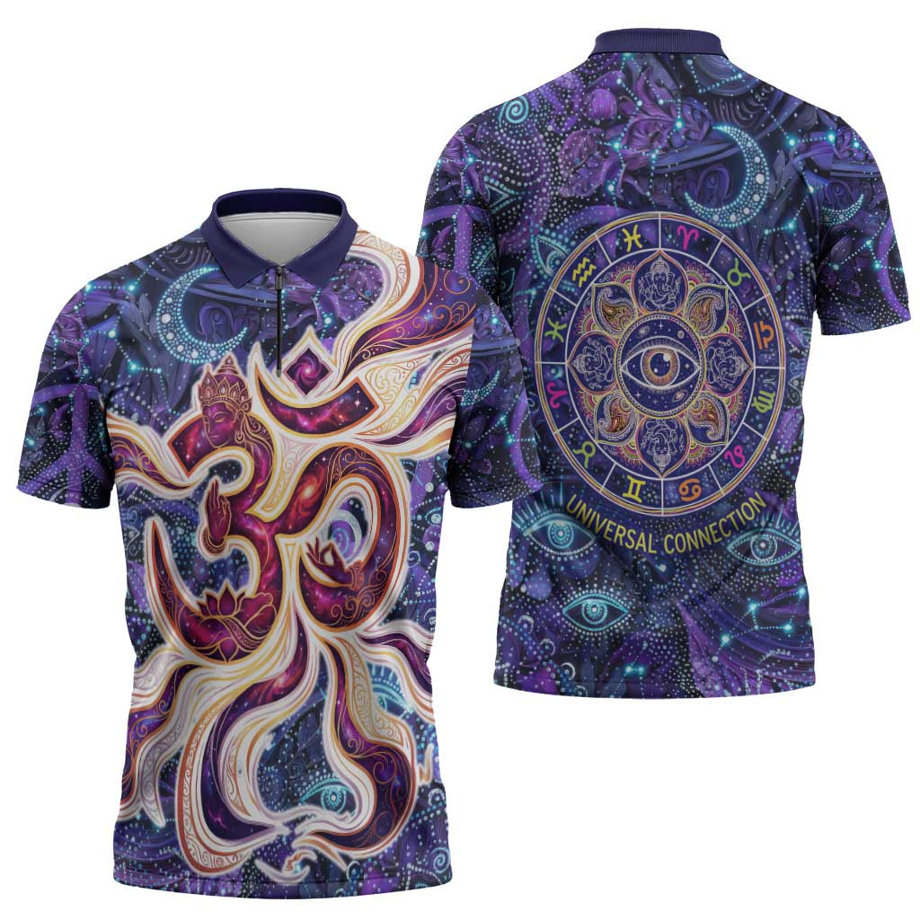 Universal Connection Zodiac Zipper Polo Shirt Cosmic Eye and Sacred Om Vibration