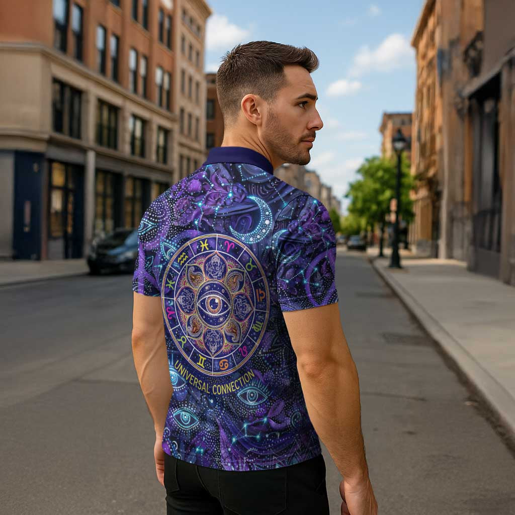 Universal Connection Zodiac Zipper Polo Shirt Cosmic Eye and Sacred Om Vibration