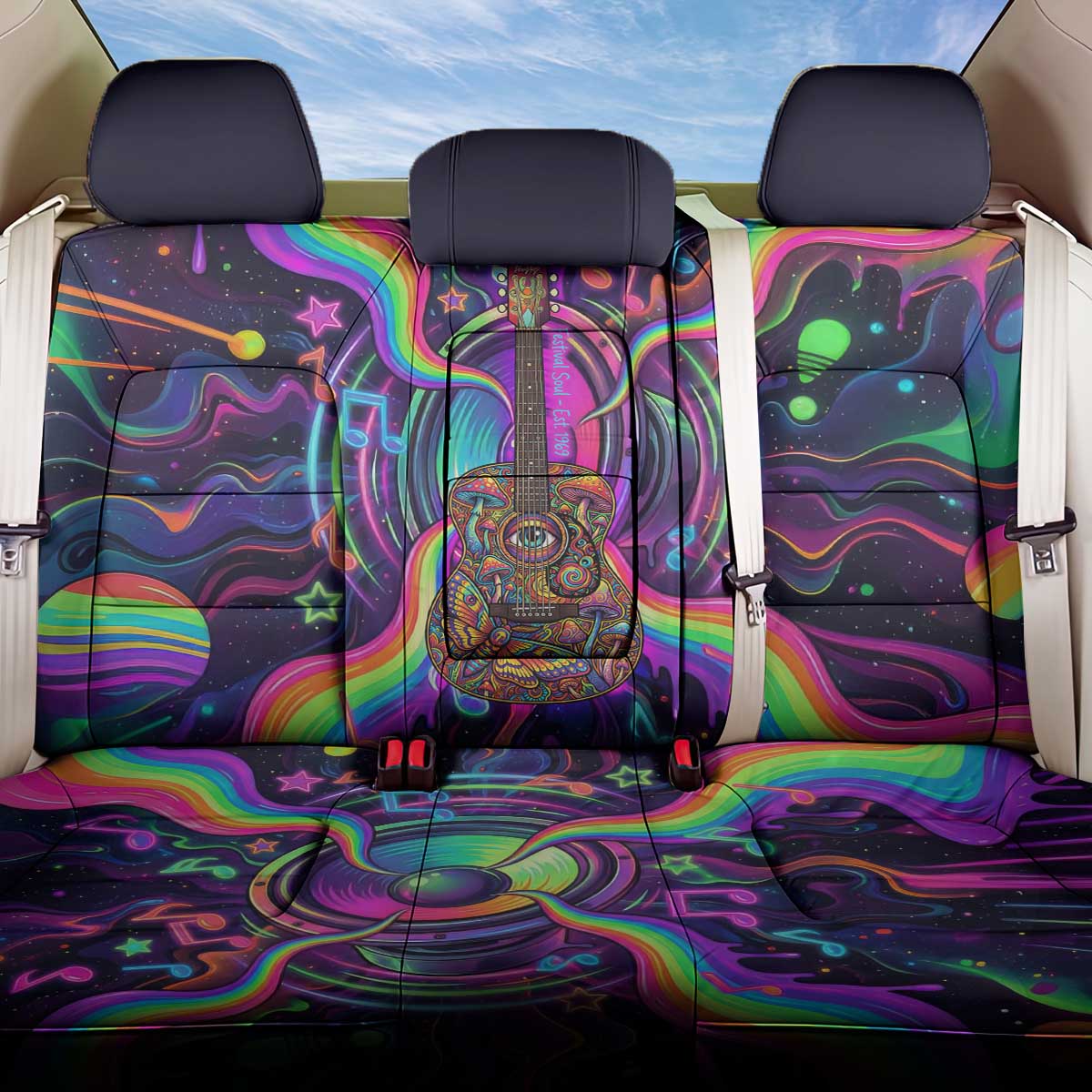Trippy Guitar Back Car Seat Cover Festival Soul Psychedelic Music Vibes Since 1969
