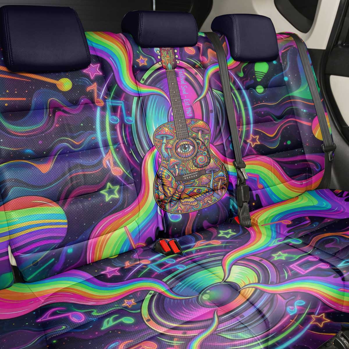 Trippy Guitar Back Car Seat Cover Festival Soul Psychedelic Music Vibes Since 1969