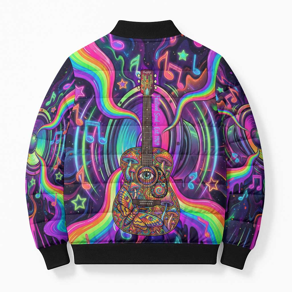 Trippy Guitar Bomber Puffer Jacket Festival Soul Psychedelic Music Vibes Since 1969
