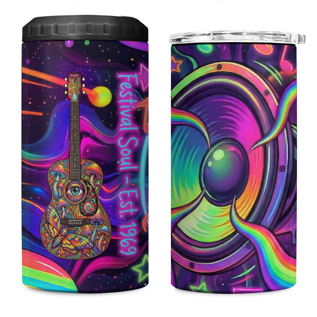 Trippy Guitar 4 in 1 Can Cooler Tumbler Festival Soul Psychedelic Music Vibes Since 1969