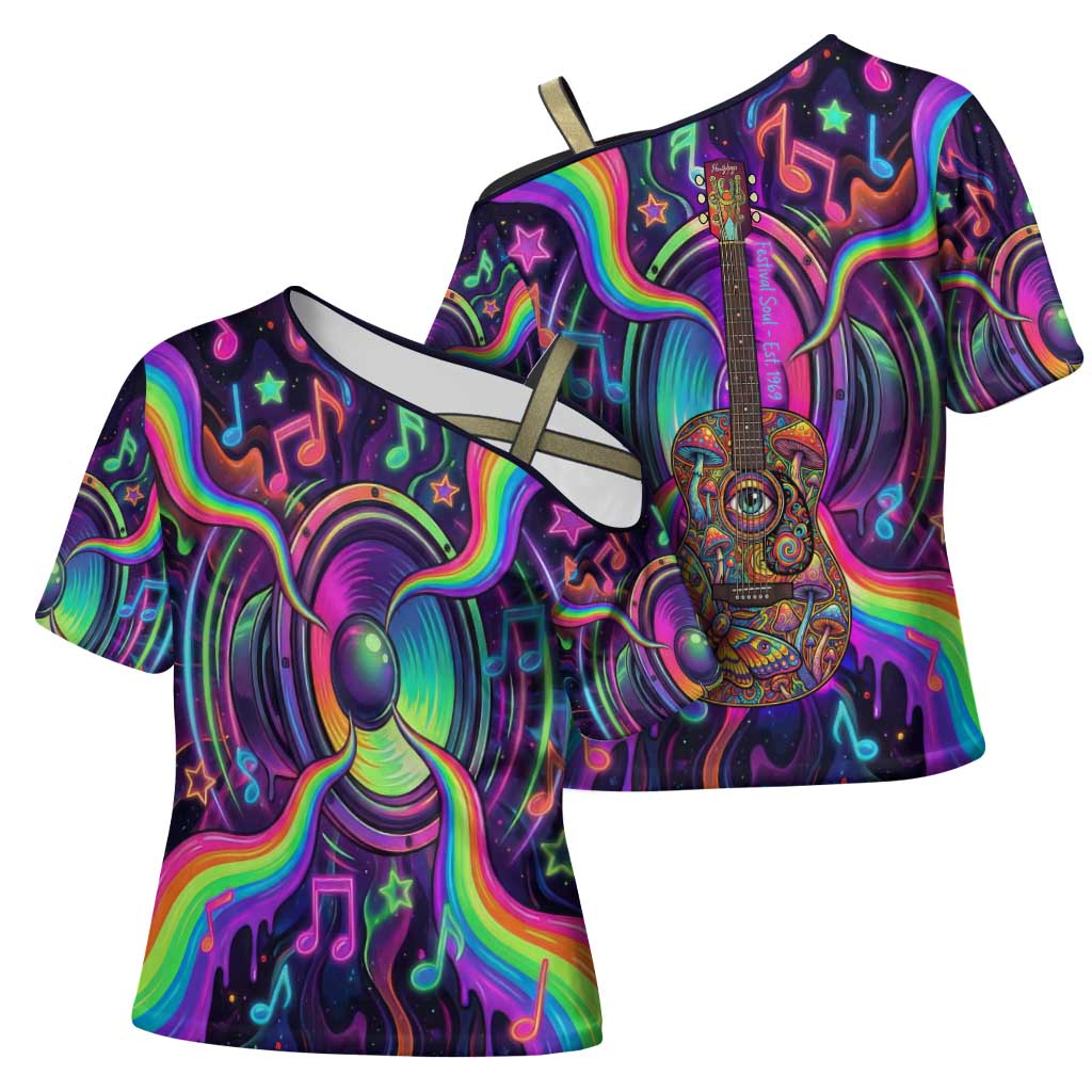 Trippy Guitar Cross Shoulder Shirt Festival Soul Psychedelic Music Vibes Since 1969
